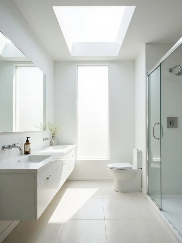 This may contain: a bathroom with a skylight and two sinks