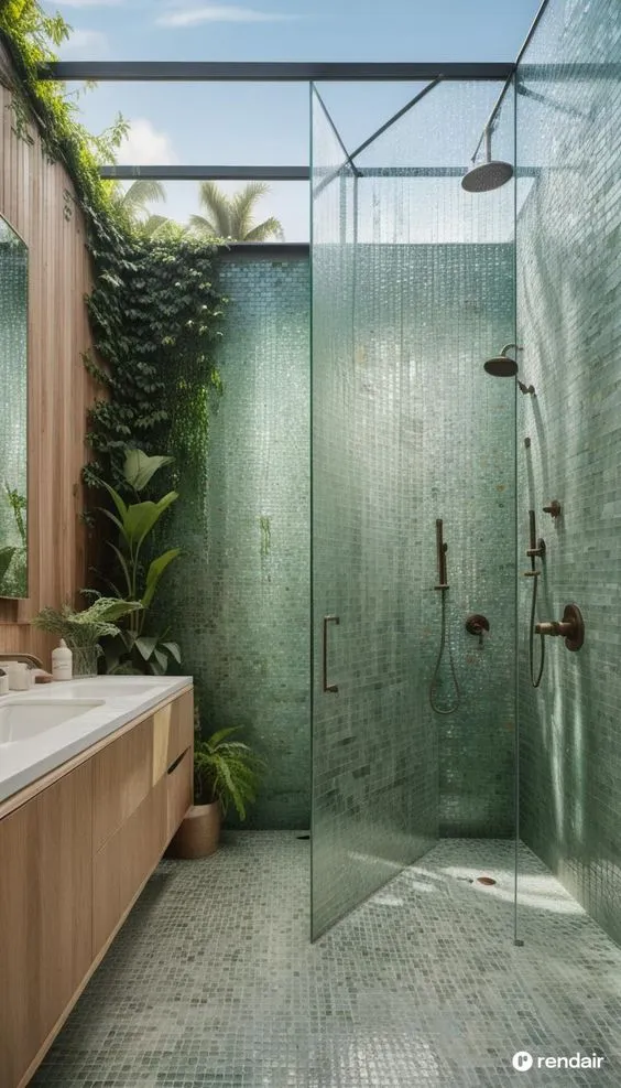 Rendair - Sustainable recycled glass tile shower walls for an eco-friendly design. - 182024