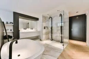 Laminate floors being installed in bathroom