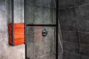 bathroom with light industrial shelves
